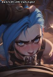 ai_generated blowjob blue_eyes blue_hair blush braid choker crying cum cum_in_mouth dark-skinned_male deepthroat forced forced_oral gag gagged humiliation jinx_(league_of_legends) league_of_legends long_hair oral patreon pov pov_eye_contact pov_male rape riot_games ripped_clothing runny_makeup sucking_penis tattoo tears torn_clothes twin_braids vanstyler very_long_hair