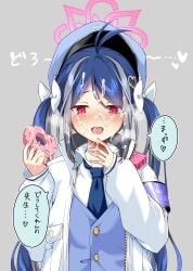 absurdres antenna_hair armband aroused blue_archive blue_armband blue_hair blue_necktie blue_vest blush bow commentary cum cum_on_body cum_on_food cum_on_hair cum_on_hands donut eyes_visible_through_hair facial female food fubuki_(blue_archive) grey_background grey_hair hair_between_eyes hair_ornament hairbow halo hands_up heart heart_hair_ornament heavy_breathing highres holding holding_donut holding_food jacket long_hair looking_down necktie nose_blush open_clothes open_jacket pink_halo police police_uniform red_eyes ryochapu simple_background sleeves_past_wrists slit_pupils solo sound_effects speech_bubble straight straight-on teeth translation_request tsurime twintails upper_body upper_teeth_only very_long_hair vest white_bow white_jacket young