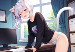 ai_generated blush cat_ears cat_tail catgirl computer corner_masturbation crotch_rub desk drooling ember_paradox female lidded_eyes masturbation masturbation_through_clothing no_pants panties ponytail pussy_juice red_eyes self_upload shirt side_ponytail solo striped_panties table_humping vaginal_fluids virtual_youtuber vtuber vtuberfanart white_hair