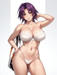 ai_generated azuma_marina big_breasts isogil kashidashi_tsuma_marina_no_"netorase"_houkoku_binkan_tsuma_to_zetsurin_daigakusei looking_at_viewer purple_hair sexy_pose white_bra white_panties white_underwear yellow_eyes