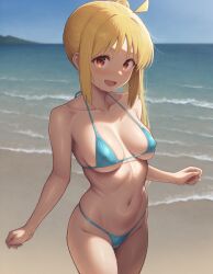 1girls ai_generated beach bikini blonde_hair blush bocchi_the_rock! breasts brown_eyes covered_nipples goonedoutp3rv ijichi_nijika long_hair looking_at_viewer medium_breasts micro_bikini open_mouth ponytail side_ponytail smile solo