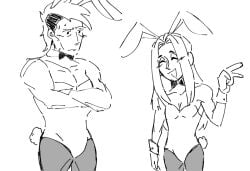 arms_crossed blush bronco_knight bunny_boy bunnysuit feminine_male gyakuten_saiban male_focus male_only muscular no_color peace_sign playboy_bunny posing simeon_saint sketch twink