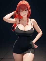 ai_generated black_dress chainsaw_man grin hand_on_hip huge_breasts isogil makima_(chainsaw_man) red_hair ringed_eyes short_dress