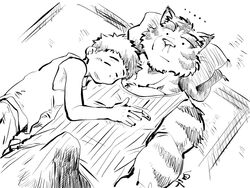 2boys 41raco 4:3 anthro blood bodily_fluids bulge cuddling erection erection_under_clothes felid gay hi_res hiroyuki_(morenatsu) human kirupi male male_only mammal morenatsu muscular muscular_male nosebleed pantherine sleeping tiger torahiko_(morenatsu) yaoi