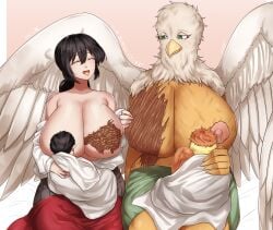 2girls anthro black_hair breastfeeding brown_fur gore green_eyes gryphon ham121ham human light-skinned_female light_skin looking_at_another mother_and_child nipples scarred_breasts scars unsettling warrior wholesome wings