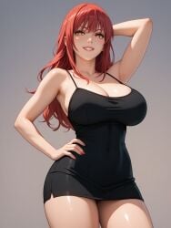 ai_generated black_dress chainsaw_man grin hand_on_hip huge_breasts isogil makima_(chainsaw_man) red_hair ringed_eyes short_dress