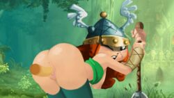 1girls animated ass axe barbara_(rayman) barbarian clothing female headgear helmet human orange_hair outdoors pale_skin rayman_(series) rayman_legends red_hair sex vagina vaginal_penetration weapon