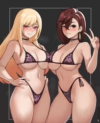 2girls ayase_momo big_breasts biting_lip biting_own_lip blonde_hair blush bra breast_to_breast breasts brown_eyes brown_hair choker cleavage crossover dandadan ear_piercing earrings female female_only gyaru hair hand_on_shoulder hands_on_hips handwear hioyami hips huge_breasts kitagawa_marin leopard_print leopard_print_bikini leopard_print_bra leopard_print_panties long_hair nails naughty_face neckwear panties peace_sign pink_bra pink_eyes pink_panties ring short_hair smile sono_bisque_doll_wa_koi_wo_suru steam steamy sweat sweatdrop wide_hips