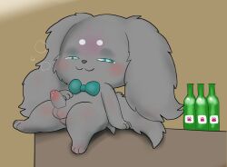 anthro balls blush bow_tie canid canine canis closed_eyes dachshund domestic_dog drugolld drunk floppy_ears foreskin fur genitals grey_body grey_fur hi_res hunting_dog jewelpet kris_(jewelpet) leaning leaning_backward liquor_bottle male male_anthro mammal penis sanrio sega sega_fave solo substance_intoxication tapering_penis