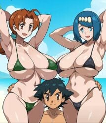 1boy 2girls age_difference beach bikini delia_ketchum_(pokemon) hanako_(pokemon) lana's_mother_(pokemon) milf mother_and_son older_female older_woman_and_younger_boy outdoors pokemon pokemon_(anime) pokemon_sm satoshi_(pokemon) suiren's_mother_(pokemon) younger_male yxyyxy