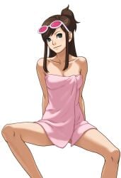 1girls ai_generated blue_eyes brown_hair ema_skye gyakuten_saiban legs_apart sitting sunglasses_on_head tagme towel