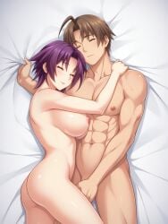 1boy abs ai_generated arms_around_neck ass azuma_marina bed big_breasts brown_hair completely_nude couple cuddling female hugging isogil kashidashi_tsuma_marina_no_"netorase"_houkoku_binkan_tsuma_to_zetsurin_daigakusei muscles muscular_male nude pectorals purple_hair sleeping yellow_eyes