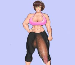 1futa abs athletic balls biceps breast_suppress breasts brown_hair bulge bursting_breasts cleavage clothed club_shaped_penis color curvy deltoids elf erection erection_under_clothes exposed_penis fist fit front_view futa_only futanari green_eyes hand_on_hip highres huge_breasts hyper hyper_balls hyper_penis ineffective_clothing intersex lipstick looking_at_viewer midriff muscles muscular_futa muscular_futanari muscular_thighs no_panties nym_luna penis penis_through_leghole penis_to_the_knees penis_under_clothes pointy_ears precum precum_drip sawacoe see-through see-through_bottom see-through_clothing short_ears short_hair shorts six_pack solo solo_futa sports_bra standing sweat tank_top thick_penis toned veiny_penis x-ray