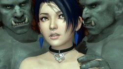 1girls 2boys 2monsters 3d 3d_(artwork) dead_or_alive eyelashes female goth_girl green_skin group_sex human human_female light-skinned_female light_skin lip_piercing male male/female momiji_(ninja_gaiden) monster ninja_gaiden nose_piercing orc orc_male ring_piercing ublik