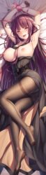 :d absurdres alternate_hairstyle armpits ass bangs bed_sheet black_dress blunt_bangs blush bound bound_wrists breasts brown_legwear cameltoe commentary_request condom condom_wrapper dress eyebrows_visible_through_hair feet female fingernails from_above girls'_frontline hair_down heart heart-shaped_pupils highres holding holding_condom legs long_dress long_hair looking_at_viewer lower_body lying md5_mismatch nail_polish nipples no_panties no_shoes on_back on_side open_mouth panties panties_under_pantyhose pantyhose pupupu_(1053378452) purple_hair red_eyes red_nails restrained saliva saliva_trail side_slit smile solo symbol-shaped_pupils thighband_pantyhose third-party_edit toes underwear very_long_hair wa2000_(girls'_frontline)