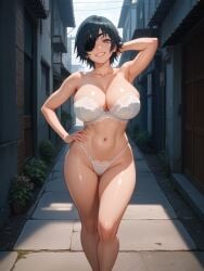 ai_generated big_breasts black_hair chainsaw_man eyepatch hand_on_hip himeno_(chainsaw_man) isogil short_hair white_bra white_panties white_underwear