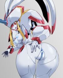 1girls absurdres android anus ass ass_grab blue_anus blue_nipples blue_pussy breasts clitoris darling_in_the_franxx female groping high_resolution highres horn hybrid looking_at_viewer looking_back nipples open_mouth pale-skinned_female pale_skin pochincoff purple_tongue pussy red_eyes robot robot_girl sideboob smile strelizia tongue uncensored white_breasts