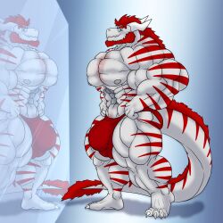 anthro big_bulge big_muscles bulge clothed clothing colin_steel detailed_bulge dragon flexing hi_res huge_bulge huge_muscles hyper hyper_muscles male mirror mirror_reflection muscles muscular muscular_male mythological_creature mythological_scalie mythology reflection scalie solo tanmux thong thong_only topless underwear underwear_only