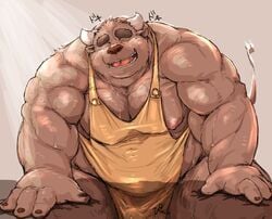 2019 anthro apron belly bodily_fluids bovid bovine brown_fur bulge cattle closed_eyes clothing cum cum_through_clothing erection erection_under_clothing fur genital_fluids horn humanoid_hands kotobuki male male_only mammal moobs nipples overweight overweight_male solo sweat teeth tongue wet wet_clothing