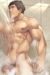 1boy 8_degrees idolmaster_side-m male male_only muscle muscles nude penis shingen_seiji shirtless shower solo uncensored wet