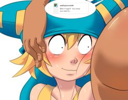 1boy 1girls amalia ass big_ass blonde_hair blush dark-skinned_female dark_skin eliatrope female hat highres looking_at_ass male sadida straight tumblr tumblr_ask unicornlord wakfu wide_eyed yugo