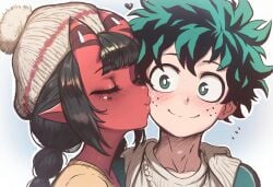 1boy 1boy1girl affectionate boku_no_hero_academia caress couple deku demon_girl dreson female hug izuku_midoriya kissing kissing_cheek love male/female meru_(merunyaa) my_hero_academia no_sex romantic_ambiance romantic_couple straight succubus