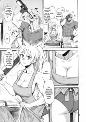 apron chiba_toshirou cleavage cooking dorohedoro drunk kaiman kaiman_(dorohedoro) lizard lizardman manga manga_page monochrome nikaido panties q_hayashida text text_bubble