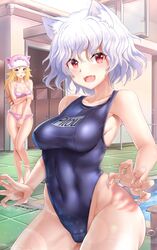 2girls amber_eyes animal_ears big_breasts bikini blonde_hair blush cameltoe cat_ears cute_fangs erect_nipple eyebrows_visible_through_hair fangs hina_(hunter_x_hunter) hunter_x_hunter long_hair multiple_girls neferpitou nipples_visible_through_clothing one_piece_swimsuit oxenia pool red_eyes short_hair swimsuit thick_thighs white_hair