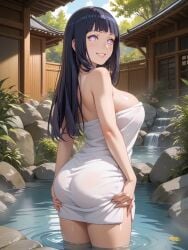 ai_generated ass big_ass big_breasts black_hair hot_spring huge_ass huge_breasts hyuuga_hinata isogil long_hair naruto naruto_(series) onsen standing_in_water towel water white_eyes