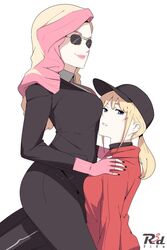 2girls ass big_breasts black_nails blonde_hair blue_eyes breast_press breasts breasts_on_face clothed clothing detective_pikachu_(series) ditto female female_only femsub fingerless_gloves gloves half-closed_eyes hat human interspecies jacket kneeling lipstick looking_at_viewer lucy_stevens ms._norman necktie nintendo on_top pants pink_gloves pink_hair pink_lipstick pokemon pokemon_(species) pokemon_detective_pikachu pokemon_rgby pokephilia ponytail r3dfive shoulder_grab sitting smile source_request suit sunglasses text tie transformation watermark white_background yuri