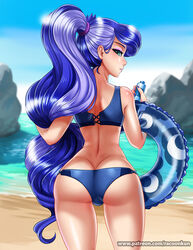 1girls ass ass_cleavage ass_focus back_view beach bikini blue_eyes blue_hair butt_crack female female_only friendship_is_magic human humanized looking_at_viewer looking_back my_little_pony outdoors ponytail princess_luna purple_hair racoonkun solo standing swimsuit thighs two_tone_hair very_long_hair water