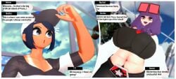 3d bettie_(pokemon) koikashura pokemon pokemon_masters pokemon_masters_ex pubic_hair purple_lipstick rachel_(pokemon) tagme tan_body tanline