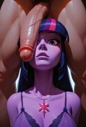 ai_generated cock_worship equestria_girls from_below large_penis my_little_pony penis_awe penis_on_face penis_on_head purple_skin twilight_sparkle_(mlp)