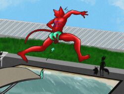 accident accidental_exposure anthro ass backsack balls bottomwear canid canine cartoon_network clothing courage_the_cowardly_dog courage_the_cowardly_dog_(character) diving_board felid flaccid fox genitals group hi_res humanoid_genitalia humanoid_penis illegaleel jumping katz_(courage_the_cowardly_dog) male mammal penis perineum pool public public_exposure public_nudity the_cajun_fox torn_bottomwear torn_clothing torn_swimwear wardrobe_malfunction