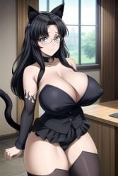 1girls ai_generated big_breasts black_hair breasts cat_ears catgirl curvy_figure enormous_breasts female female_focus female_only glasses hair huge_breasts large_breasts looking_at_viewer mature_female milf nipples nipples_visible_through_clothing smiling smiling_at_viewer thick_thighs thighs