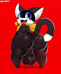 :3 absurd_res anthro ass atlus backsack balls bandana big_balls big_butt black_fur blue_eyes blush clothed clothing domestic_cat dongitos felid feline felis fur hi_res looking_at_viewer looking_back male male_only mammal megami_tensei morgana_(persona) open_mouth persona red_background scarf simple_background solo video_games