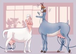 absurd_res antlers beverage blue blue_nipples bodily_fluids bovid bovid_taur bovine bovine_taur breast_milking breasts cattle cattle_taur cervine deer deer_taur endiu female hi_res hooves horn lactating machine mammal mammal_taur milking_machine nipple_piercing nipples piercing shapeshifter taur tea tea_bags teats udders