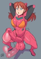 arms_up asuka_langley_sohryu cum_in_clothes cumming futanari huge_breasts huge_cock latex_suit neon_genesis_evangelion zestysauce