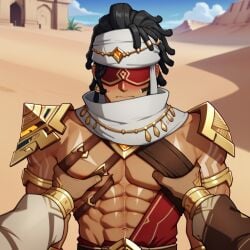 ai_generated bara blush dark_skin desert eremite_(genshin_impact) genshin_impact male male_only muscle muscles muscular muscular_male pecs pecs_touching pecs_with_breasts pov pov_hands pov_male solo solo_male