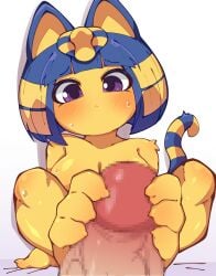 :< animal_crossing ankha ankha_(animal_crossing) anthro anthro_focus arm_support blonde_hair blue_hair blush blushing_at_viewer bodily_fluids breasts censored censored_genitalia censored_penis dick_pov domestic_cat duo feet feet_on_penis felid feline felis female female_anthro female_focus first_person_view foot_fetish foot_focus foot_play footjob genitals glistening glistening_eyes hair hi_res himimi human human_on_anthro human_pov humanoid_genitalia humanoid_penis imminent_footjob interspecies looking_at_viewer male male/female male_on_anthro male_pov mammal multicolored_hair multicolored_tail nintendo penis purple_eyes sex sweat sweatdrop tail uraeus yellow_body