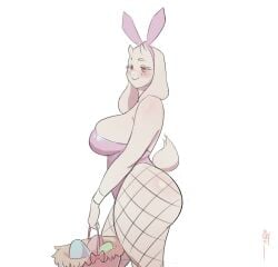 1girls 2d 2d_(artwork) 2d_artwork anthro artist_signature basket biped blush boss_monster_(undertale) bovid brown_eyes bunny_costume bunny_ears bunnysuit butt caprine clothing color costume curvy_body curvy_female digital_media_(artwork) eggs eyelashes female fishnet_stockings flushed fur goat hi_res holding_object horns long_ears mammal oanju_ side_view simple_background smile snout solo tail toriel undertale undertale_(series) white_background white_body white_fur