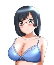 1girls bangs black_hair blue_bra blue_clothing blush bra breasts female female_focus female_only glasses grey_eyes hi_res kanayoshi_660 love_live! love_live!_nijigasaki_high_school_idol_club nakagawa_nana red_glasses simple_background solo solo_female solo_focus sweat sweatdrop tied_hair white_background yuuki_setsuna_(love_live!)