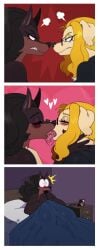 2025 2anthro 2furrys 2girls angry anthro bed black_hair blonde_hair blush canine closed_eyes comic dobermann face_to_face female female/female female_only french_kiss furry heart kissing laverne_(sssonic2) leia_(sssonic2) looking_at_another original passionate passionate_kiss saliva sssonic2 tongue tongue_kiss twitter_link waking_up yuri yuri