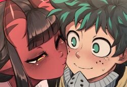 1boy 1boy1girl affectionate boku_no_hero_academia caress couple deku demon_girl dreson female hug izuku_midoriya kissing kissing_cheek love male/female meru_(merunyaa) my_hero_academia no_sex romantic_ambiance romantic_couple straight succubus