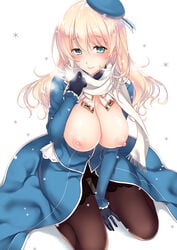 atago_(kantai_collection) ayase_hazuki bangs beret black_gloves black_legwear blonde_hair blue_headwear breasts breasts_out breath closed_mouth eyebrows_visible_through_hair female gloves green_eyes hat kantai_collection large_breasts long_hair long_sleeves looking_at_viewer military military_uniform nipples no_bra pantyhose scarf simple_background sitting smile snowflakes solo uniform wariza white_background white_scarf