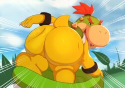 2019 absurd_res anthro ass big_butt bowser_jr. bubble_butt claws hair hi_res jerseydevil koopa looking_at_viewer looking_back male male_only mario_(series) nintendo open_mouth outside presenting presenting_hindquarters red_hair reptile scalie sharp_claws sharp_teeth shell slapping_butt smile solo spanking spikes teeth tongue vehicle video_games young zoom_lines