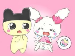 anthro blush blush_stickers bodily_fluids clothed clothing crying dress egg female hat headgear headwear heart lovelitchi mametchi no_underwear open_mouth pictographics pink_background pregnant pussy pussy_juice simple_background speech_bubble tamagotchi tears みかんづめ