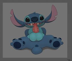 2019 4_toes alien anus balls black_eyes blue_fur blue_nose blue_pawpads blush border disney experiment_(species) fur grey_background grey_border head_tuft lilo_and_stitch looking_at_viewer male male_only mcfan notched_ear nubbed_penis open_mouth open_smile pawpads penis reclining signature simple_background small_tail smile solo stitch toes tuft