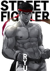 1boy 8_degrees abs bara biceps black_eyes black_hair chest headband hunk looking_at_viewer male male_focus male_only muscle muscles muscular muscular_male pecs ryu_(street_fighter) shirtless solo solo_focus solo_male street_fighter street_fighter_iv street_fighter_v topless