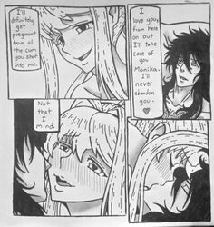 black_and_white comic couple doki_doki_literature_club female happy heart heart-shaped_pupils kissing love monika_(doki_doki_literature_club) original_character romantic_couple self_insert smile